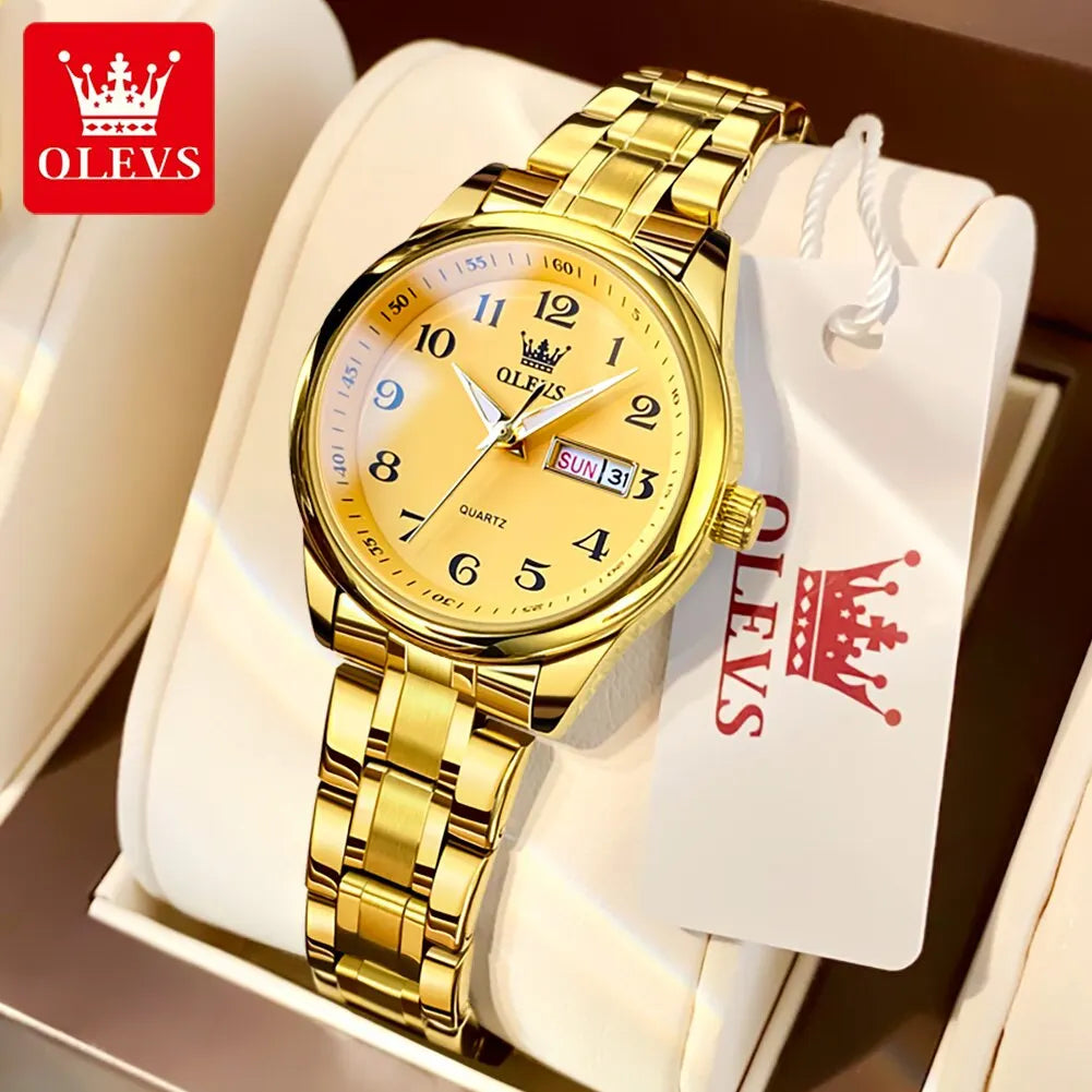 OLEVS Luxury Women's Quartz Watch – Elegant Stainless Steel Wristwatch, Luminous, Waterproof, with Week & Date Display – Perfect for Ladies' Dress & Casual Wear