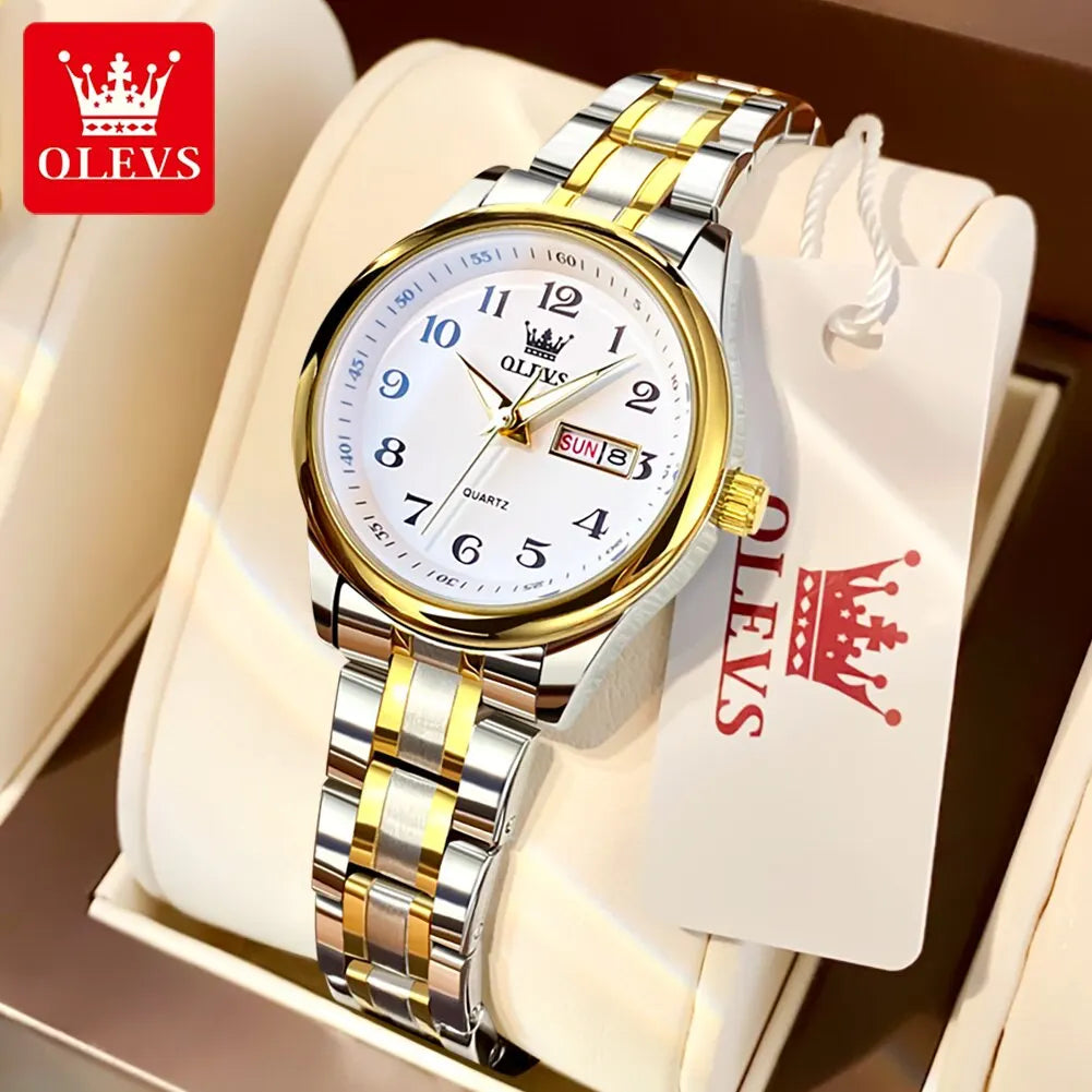 OLEVS Luxury Women's Quartz Watch – Elegant Stainless Steel Wristwatch, Luminous, Waterproof, with Week & Date Display – Perfect for Ladies' Dress & Casual Wear