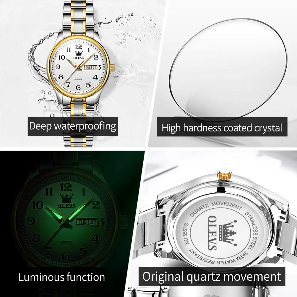 OLEVS Luxury Women's Quartz Watch – Elegant Stainless Steel Wristwatch, Luminous, Waterproof, with Week & Date Display – Perfect for Ladies' Dress & Casual Wear