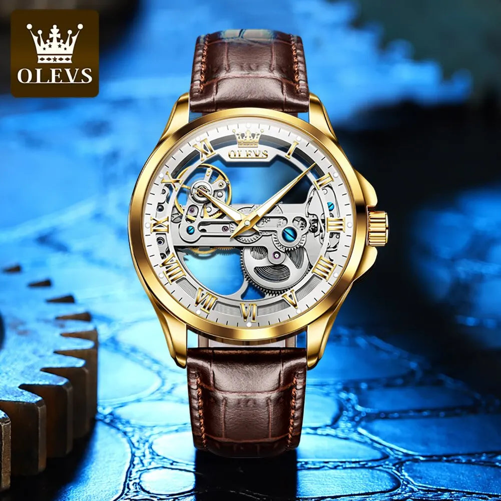 OLEVS Luxury Men's Automatic Mechanical Watch - Skeleton Design, Waterproof, Leather Strap