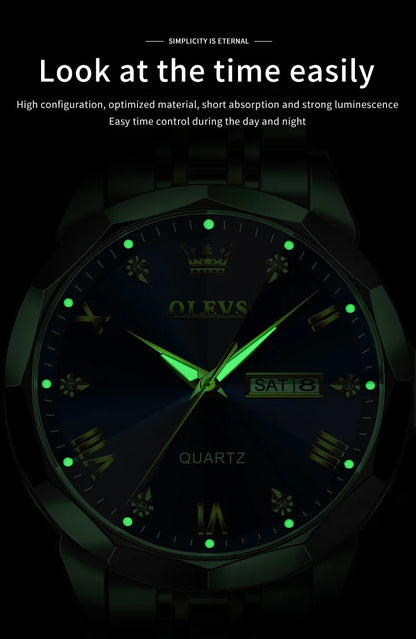 OLEVS Men's Quartz Watch - Rhombus Mirror, Waterproof, Luminous, Stainless Steel, Date & Week Display