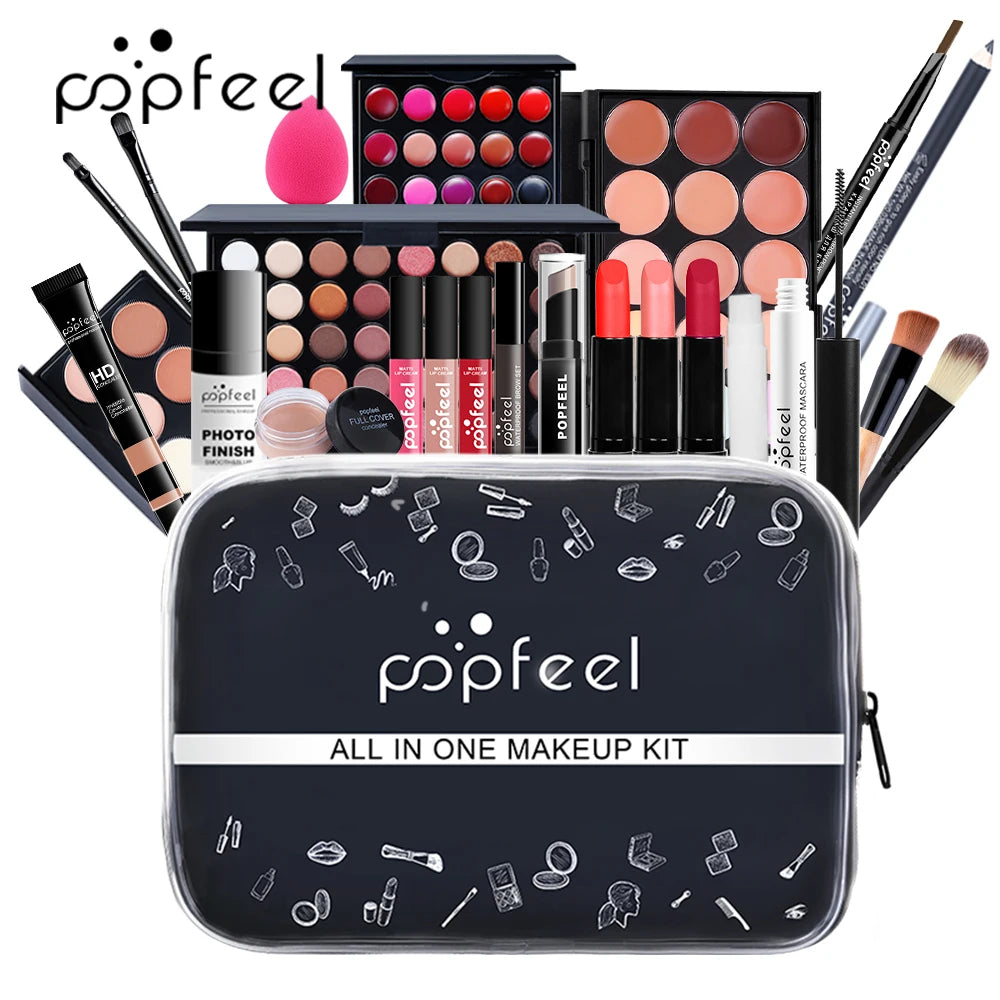 POPFEEL Complete Makeup Set – 24-Piece All-in-One Kit for Lips, Eyes & Face | Warm Brown Tones, Long-Lasting Formula, Perfect Gift