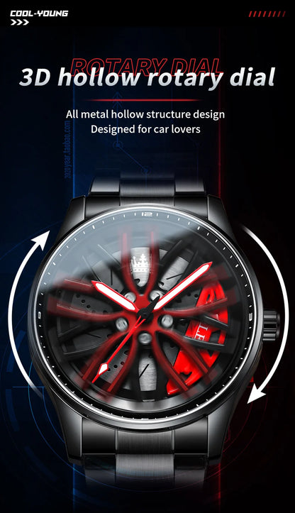 OLEVS Wheel Men's Luxury Watch: Waterproof Rotary Sport Car Rim Design, High-Quality Quartz, Fashion Best Seller