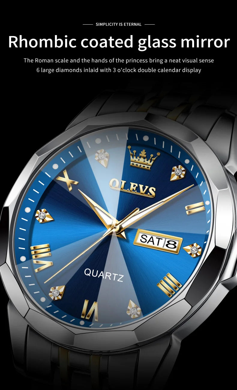 OLEVS Men's Quartz Watch - Rhombus Mirror, Waterproof, Luminous, Stainless Steel, Date & Week Display