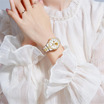 OLEVS Women's Elegant Automatic Mechanical Watch, Hollow Flower Dial, Waterproof, Luminous, Original Fashion Ladies' Timepiece