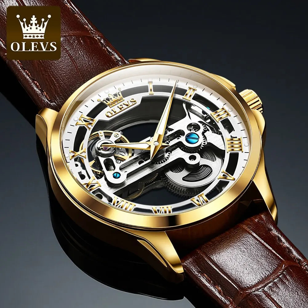 OLEVS Luxury Men's Automatic Mechanical Watch - Skeleton Design, Waterproof, Leather Strap