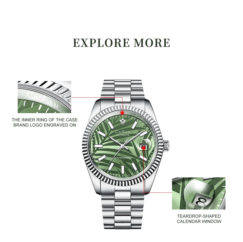 CADISEN 40MM Luxury Automatic Watch | Palm Leaf Dial, Sapphire Glass, MIYOTA 8215 Movement, Olive Green Design