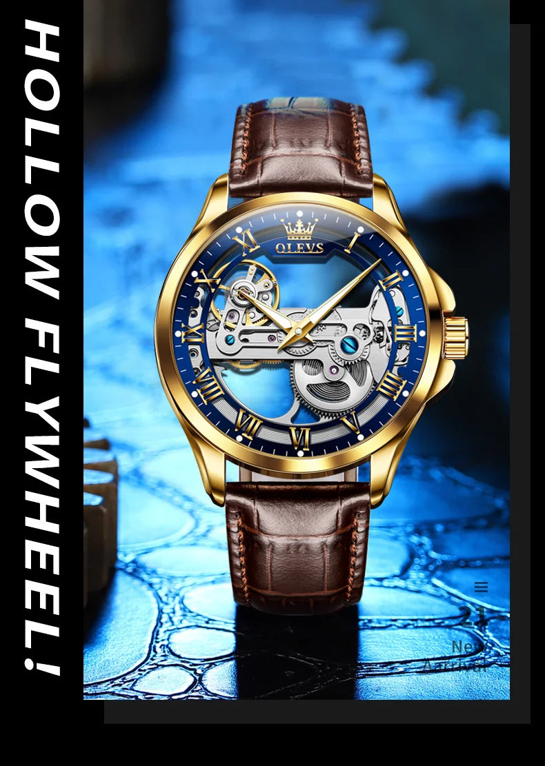 OLEVS Luxury Men's Automatic Mechanical Watch - Skeleton Design, Waterproof, Leather Strap