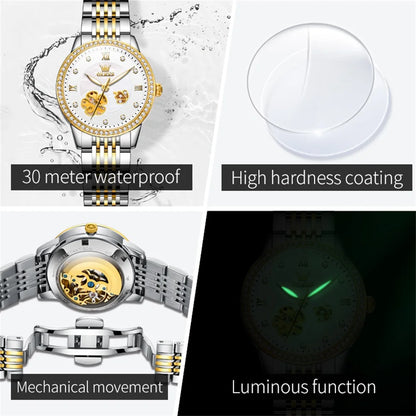 OLEVS Women's Elegant Automatic Mechanical Watch, Hollow Flower Dial, Waterproof, Luminous, Original Fashion Ladies' Timepiece