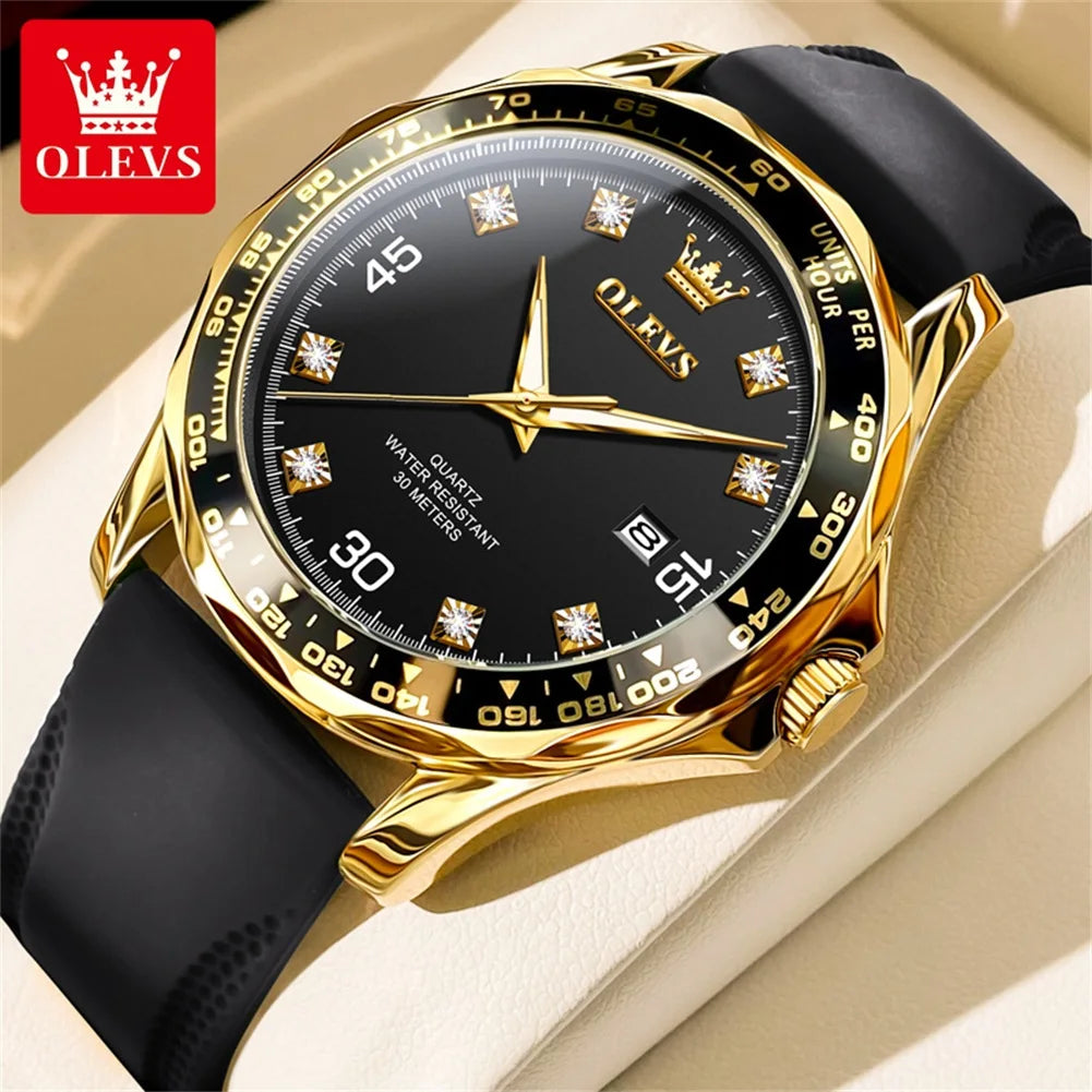 OLEVS Golden Green Quartz Watch for Men - Luxury Brand, Diving Waterproof, Stainless Steel, Rubber Strap, Original Men's Watch 9988