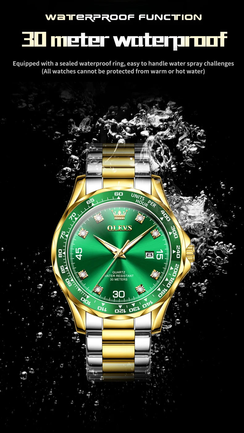 OLEVS Golden Green Quartz Watch for Men - Luxury Brand, Diving Waterproof, Stainless Steel, Rubber Strap, Original Men's Watch 9988