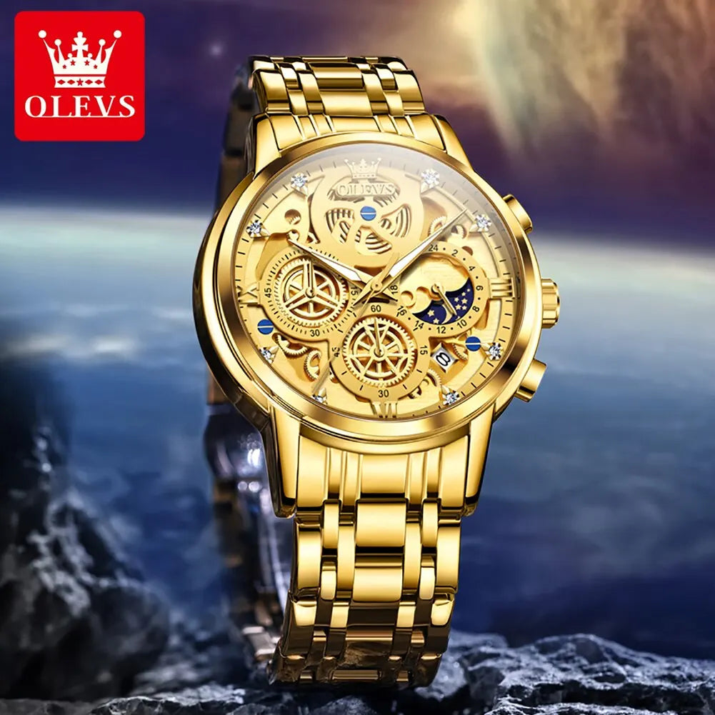 OLEVS Men's Luxury Quartz Watch - Waterproof, Gold Skeleton Design, 24-Hour Day & Night Wristwatch