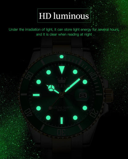 OLEVS Green Waterproof Men's Quartz Watch - Luxury Stainless Steel & Luminous Design