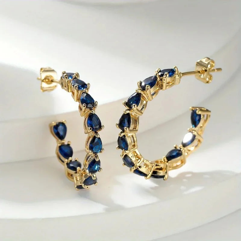 Luxury Blue Teardrop Zirconia Gold Earrings for Women - Elegant Fashion Jewelry