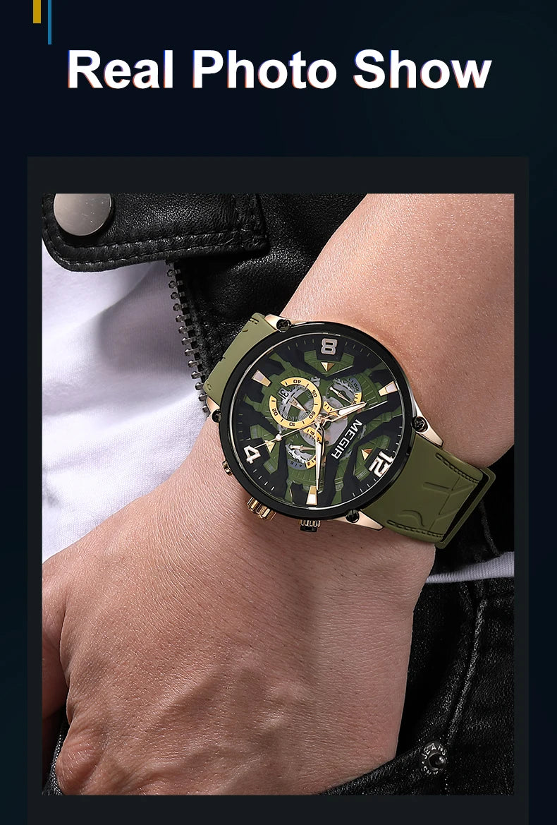 MEGIR Men’s Olive Green Sport Watch | Waterproof, Silicone Strap, Chronograph, Luminous Hands & Auto Date