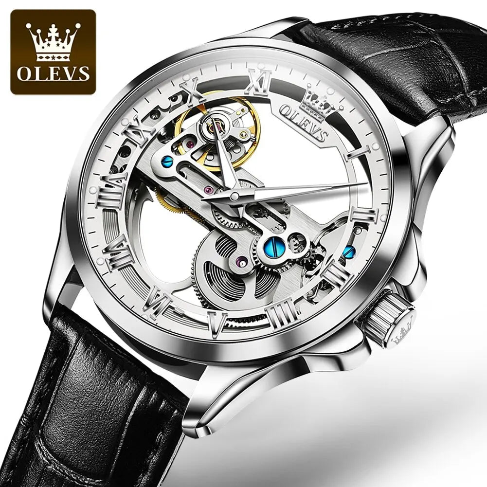 OLEVS Luxury Men's Automatic Mechanical Watch - Skeleton Design, Waterproof, Leather Strap