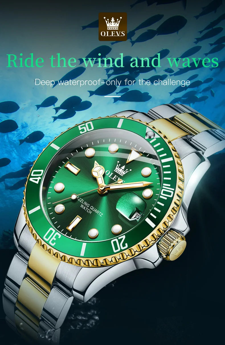 OLEVS Men's Luxury Quartz Watch - Green Dial, Stainless Steel, Luminous, Waterproof