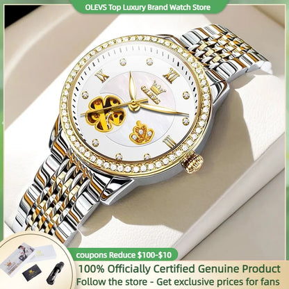 OLEVS Women's Elegant Automatic Mechanical Watch, Hollow Flower Dial, Waterproof, Luminous, Original Fashion Ladies' Timepiece