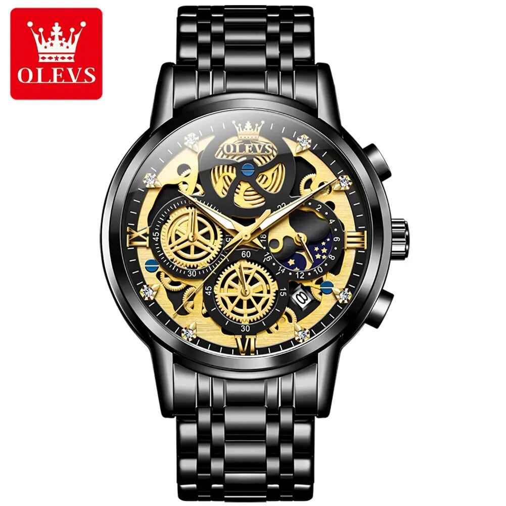 OLEVS Men's Luxury Quartz Watch - Waterproof, Gold Skeleton Design, 24-Hour Day & Night Wristwatch