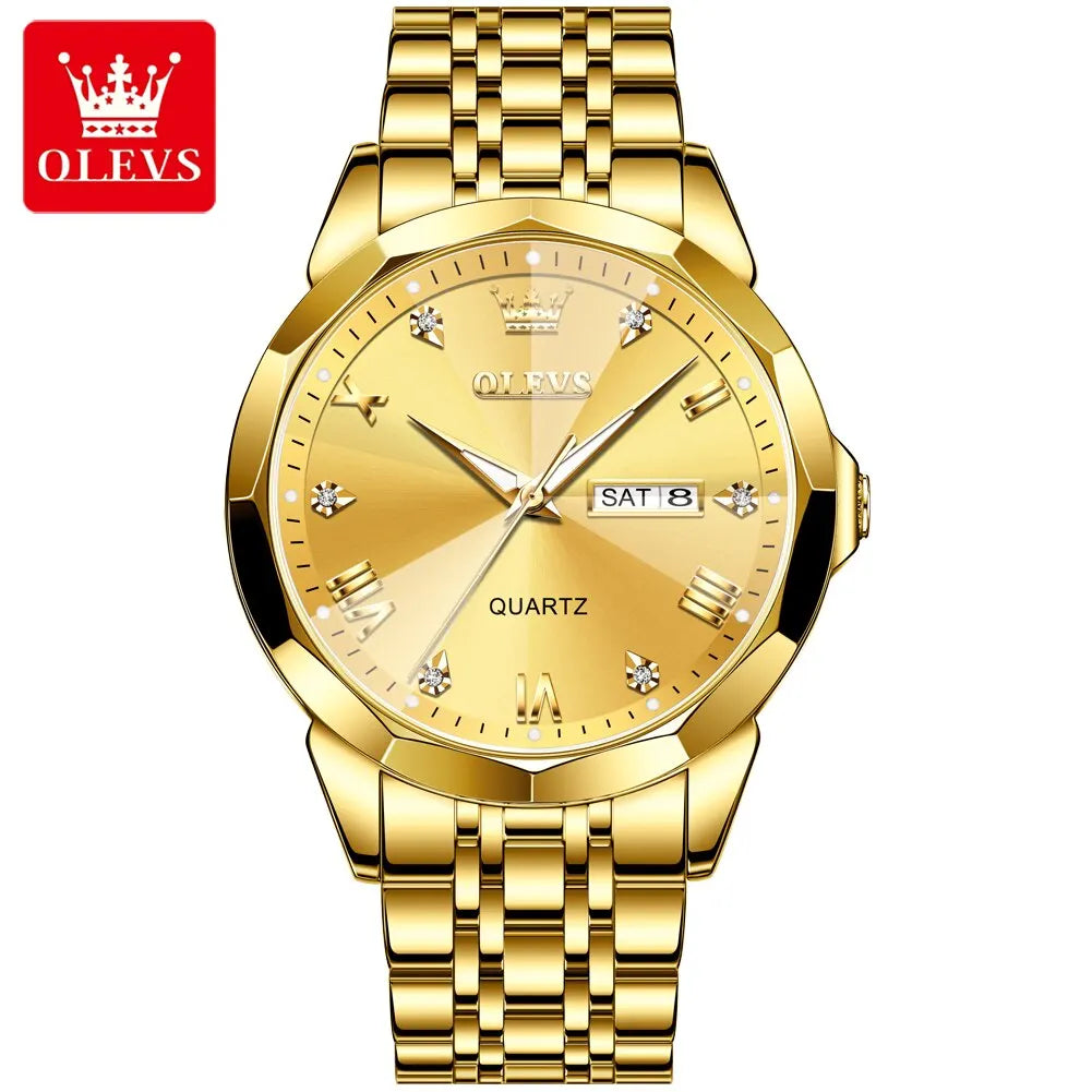 OLEVS Men's Quartz Watch - Rhombus Mirror, Waterproof, Luminous, Stainless Steel, Date & Week Display