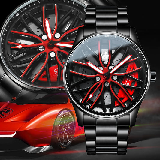 OLEVS Wheel Men's Luxury Watch: Waterproof Rotary Sport Car Rim Design, High-Quality Quartz, Fashion Best Seller