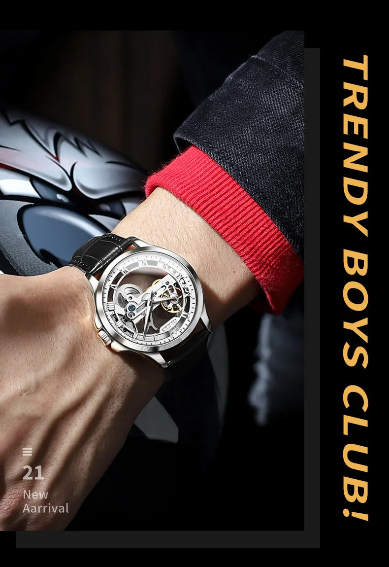 OLEVS Luxury Men's Automatic Mechanical Watch - Skeleton Design, Waterproof, Leather Strap