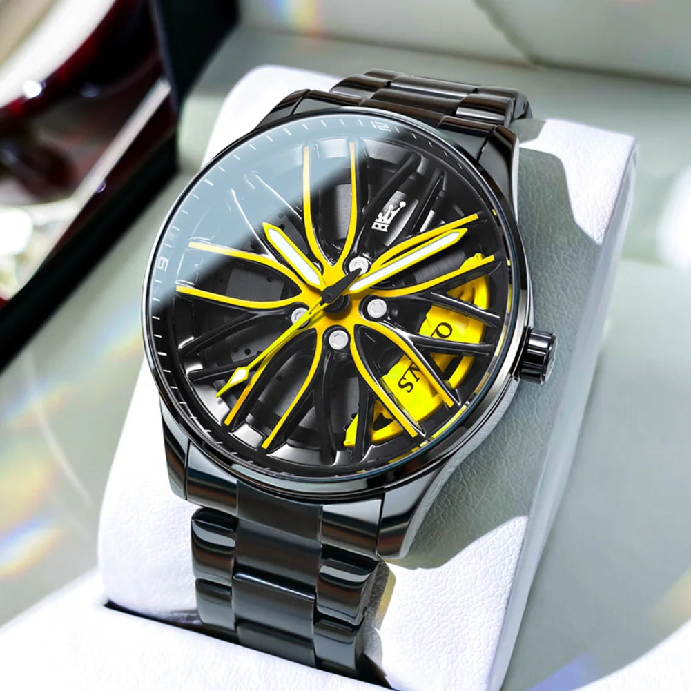 OLEVS Wheel Men's Luxury Watch: Waterproof Rotary Sport Car Rim Design, High-Quality Quartz, Fashion Best Seller