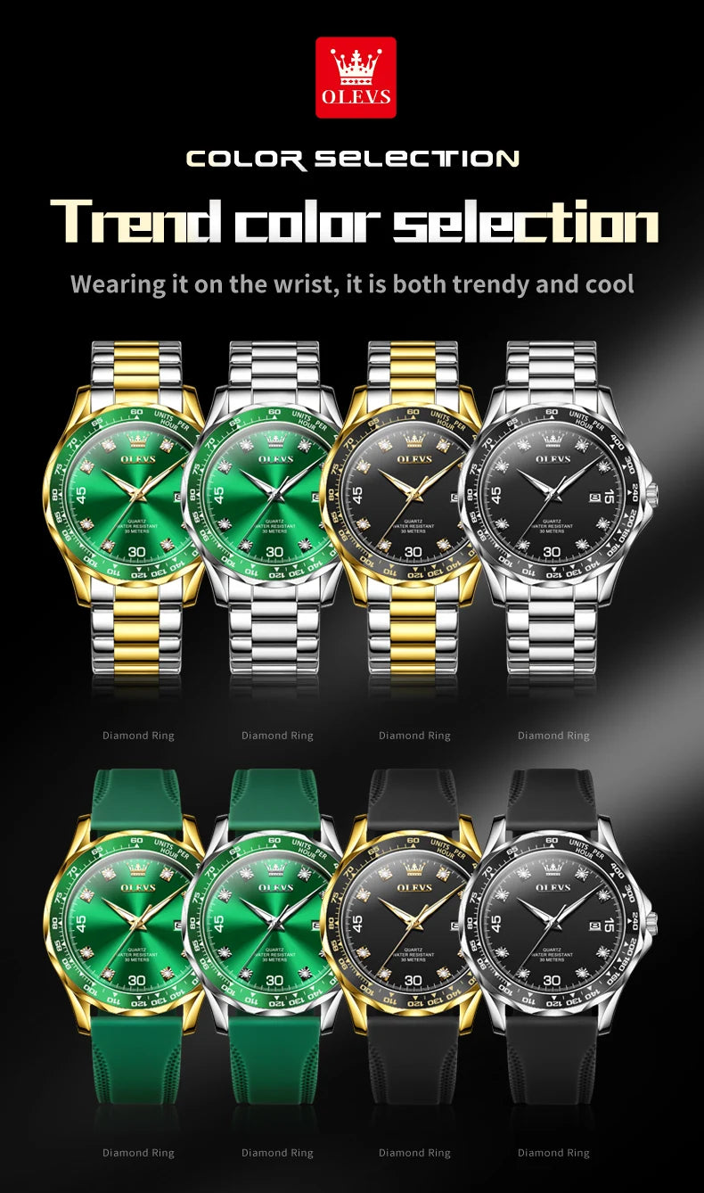 OLEVS Golden Green Quartz Watch for Men - Luxury Brand, Diving Waterproof, Stainless Steel, Rubber Strap, Original Men's Watch 9988