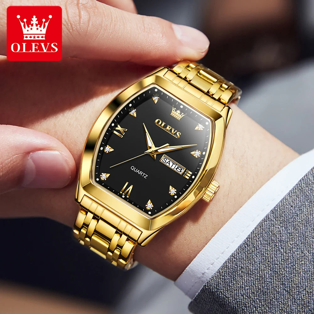 OLEVS Men's Luxury Tonneau Quartz Watch Original Top Brand, Waterproof, Luminous Hands, Week & Date Display, Elegant Male Wristwatch