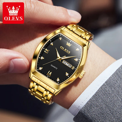 OLEVS Men's Luxury Tonneau Quartz Watch Original Top Brand, Waterproof, Luminous Hands, Week & Date Display, Elegant Male Wristwatch