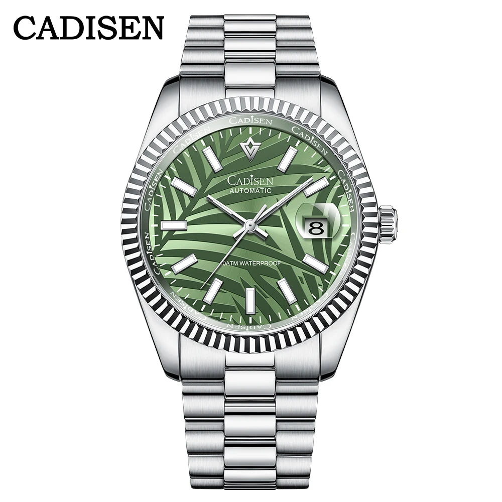 CADISEN 40MM Luxury Automatic Watch | Palm Leaf Dial, Sapphire Glass, MIYOTA 8215 Movement, Olive Green Design