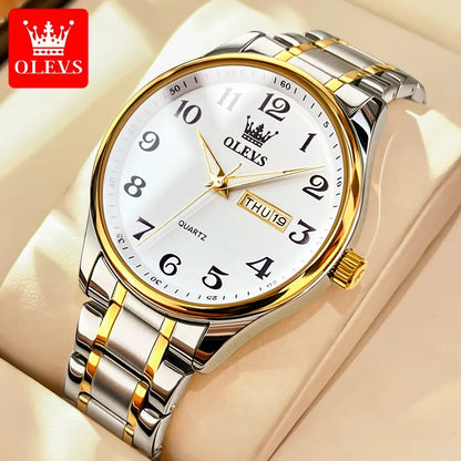 OLEVS Classic Business Quartz Watch for Men: Digital Dial, Date & Week Display, Luminous, Waterproof, Gold Wristwatch