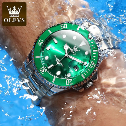 OLEVS Men's Luxury Quartz Watch - Green Dial, Stainless Steel, Luminous, Waterproof