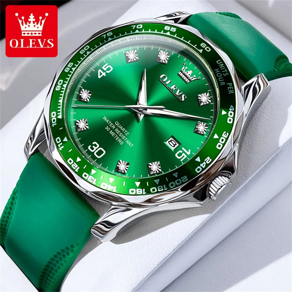 OLEVS Golden Green Quartz Watch for Men - Luxury Brand, Diving Waterproof, Stainless Steel, Rubber Strap, Original Men's Watch 9988