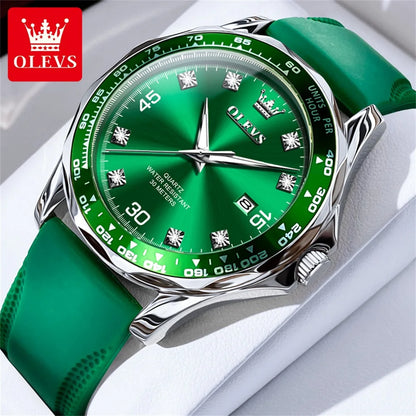 OLEVS Golden Green Quartz Watch for Men - Luxury Brand, Diving Waterproof, Stainless Steel, Rubber Strap, Original Men's Watch 9988