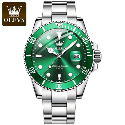 OLEVS Men's Luxury Quartz Watch - Green Dial, Stainless Steel, Luminous, Waterproof