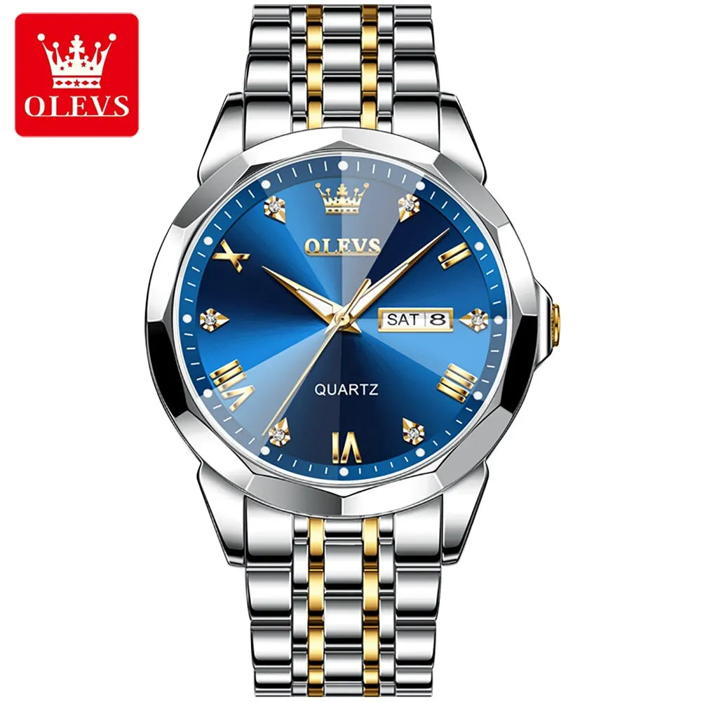 OLEVS Men's Quartz Watch - Rhombus Mirror, Waterproof, Luminous, Stainless Steel, Date & Week Display