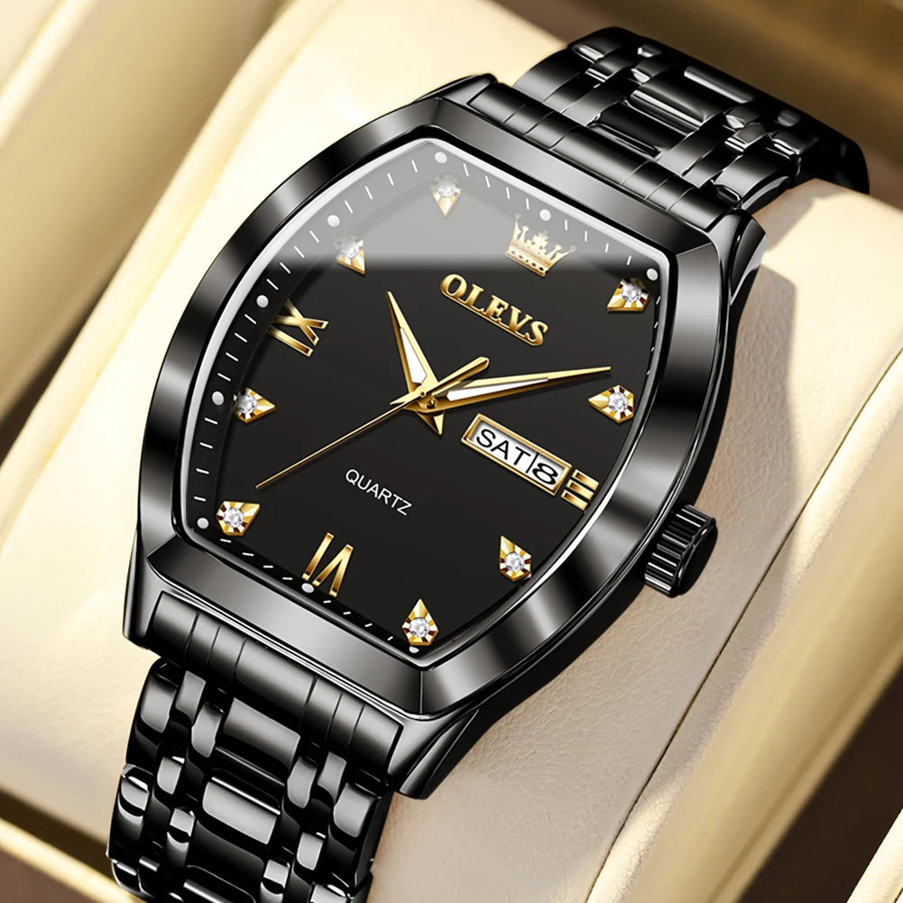 OLEVS Men's Luxury Tonneau Quartz Watch Original Top Brand, Waterproof, Luminous Hands, Week & Date Display, Elegant Male Wristwatch