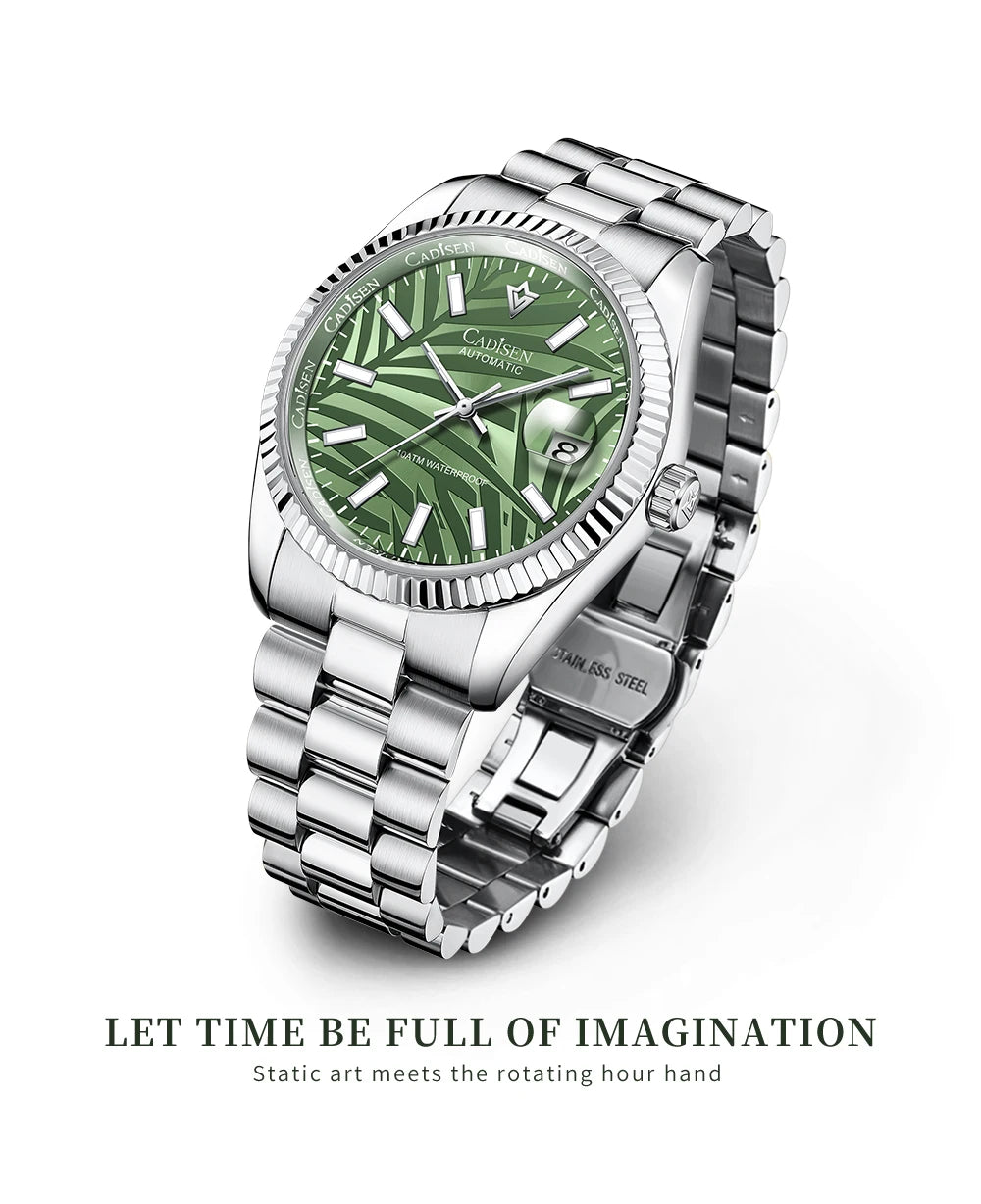 CADISEN 40MM Luxury Automatic Watch | Palm Leaf Dial, Sapphire Glass, MIYOTA 8215 Movement, Olive Green Design