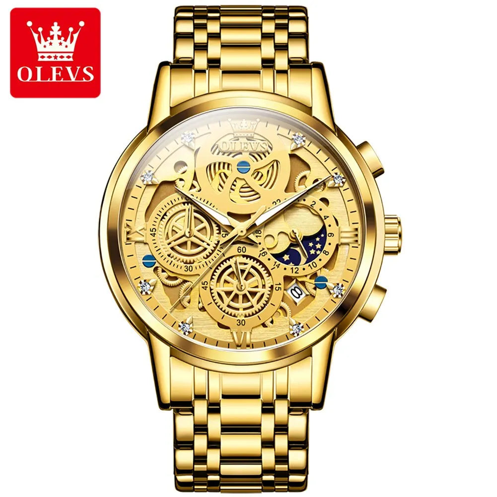 OLEVS Men's Luxury Quartz Watch - Waterproof, Gold Skeleton Design, 24-Hour Day & Night Wristwatch