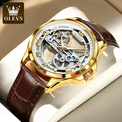 OLEVS Luxury Men's Automatic Mechanical Watch - Skeleton Design, Waterproof, Leather Strap