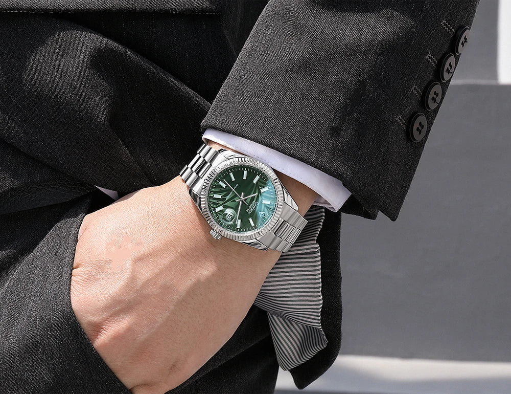 CADISEN 40MM Luxury Automatic Watch | Palm Leaf Dial, Sapphire Glass, MIYOTA 8215 Movement, Olive Green Design