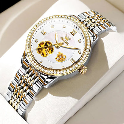 OLEVS Women's Elegant Automatic Mechanical Watch, Hollow Flower Dial, Waterproof, Luminous, Original Fashion Ladies' Timepiece