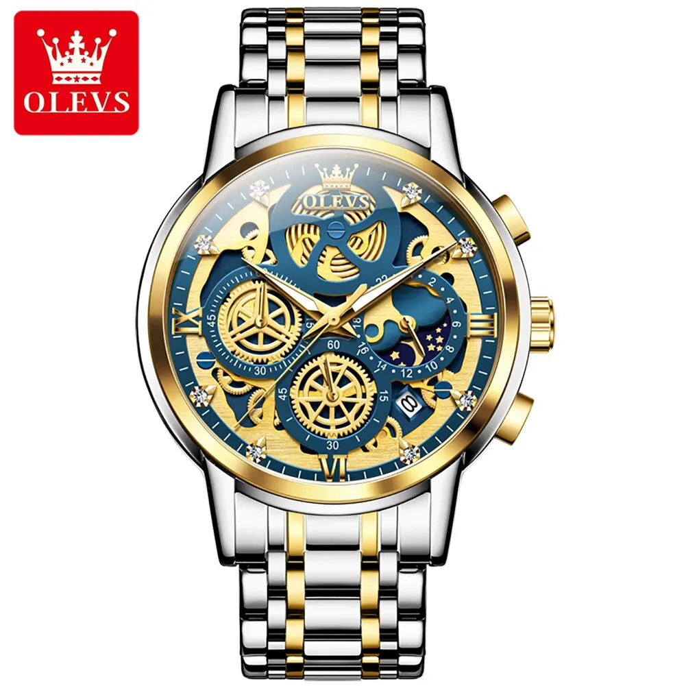 OLEVS Men's Luxury Quartz Watch - Waterproof, Gold Skeleton Design, 24-Hour Day & Night Wristwatch