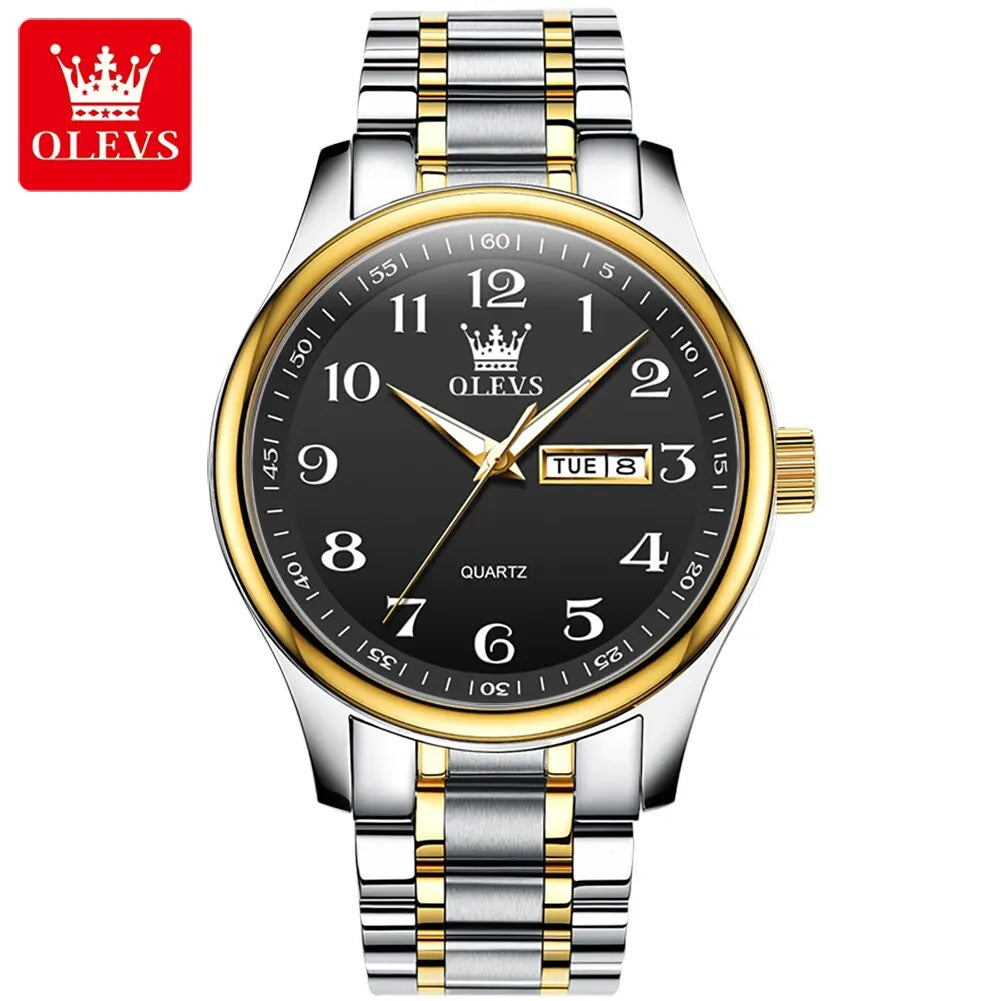 OLEVS Classic Business Quartz Watch for Men: Digital Dial, Date & Week Display, Luminous, Waterproof, Gold Wristwatch