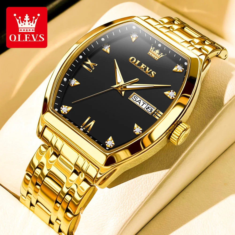 OLEVS Men's Luxury Tonneau Quartz Watch Original Top Brand, Waterproof, Luminous Hands, Week & Date Display, Elegant Male Wristwatch