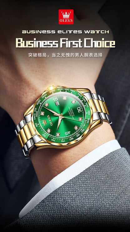 OLEVS Golden Green Quartz Watch for Men - Luxury Brand, Diving Waterproof, Stainless Steel, Rubber Strap, Original Men's Watch 9988