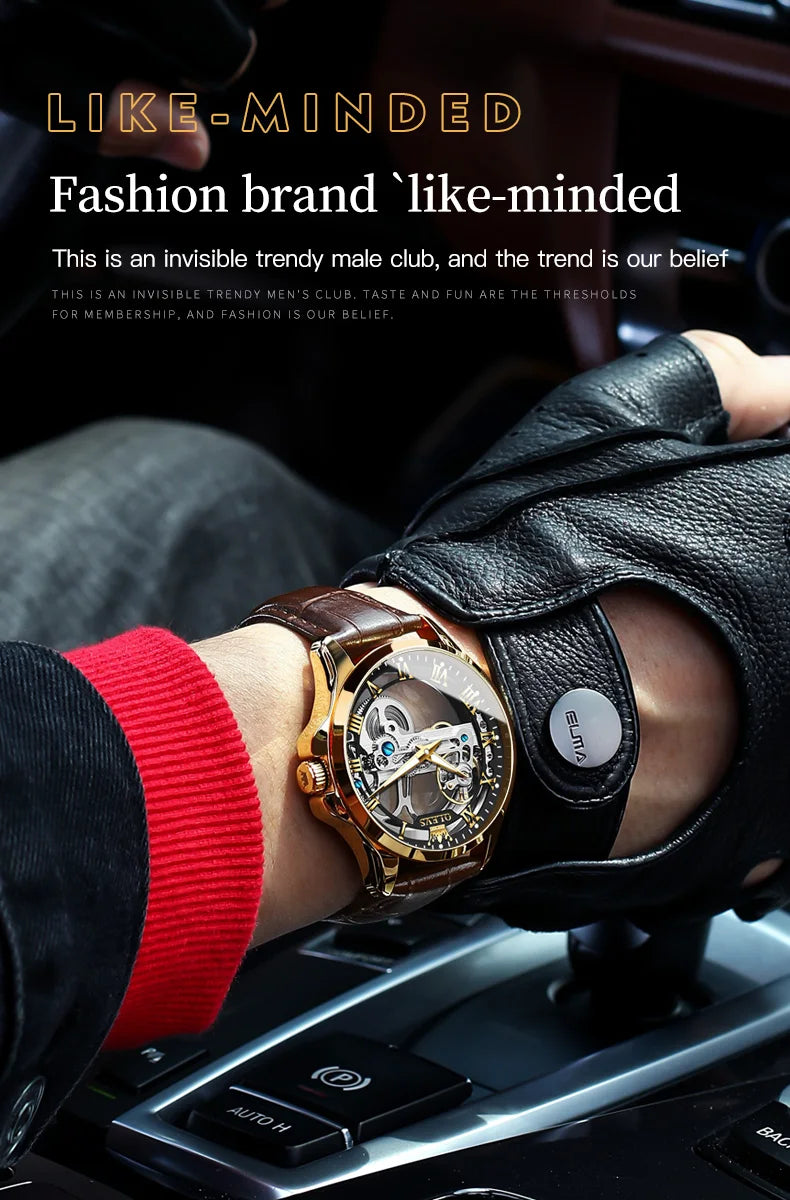 OLEVS Luxury Men's Automatic Mechanical Watch - Skeleton Design, Waterproof, Leather Strap