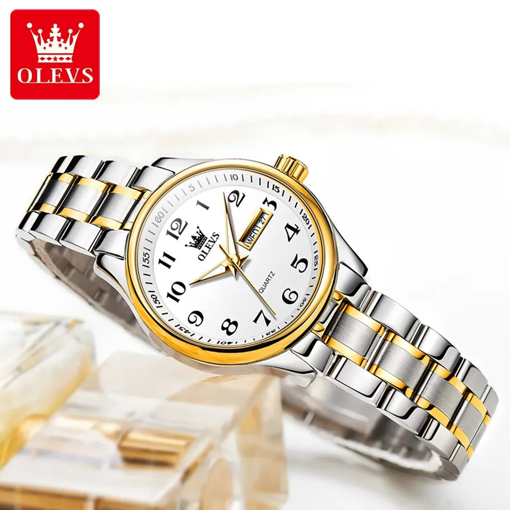 OLEVS Luxury Women's Quartz Watch – Elegant Stainless Steel Wristwatch, Luminous, Waterproof, with Week & Date Display – Perfect for Ladies' Dress & Casual Wear