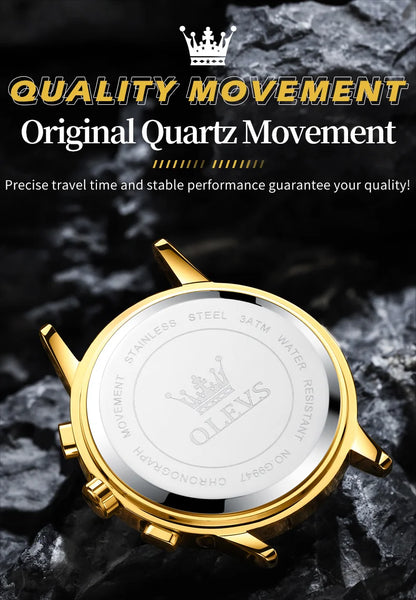 OLEVS Men's Luxury Quartz Watch - Waterproof, Gold Skeleton Design, 24-Hour Day & Night Wristwatch